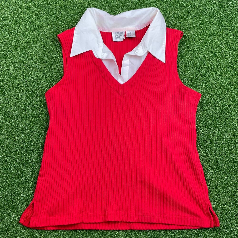 Vintage Jason Maxwell Red Ribbed Sleeveless Collared Tank Top Sz L